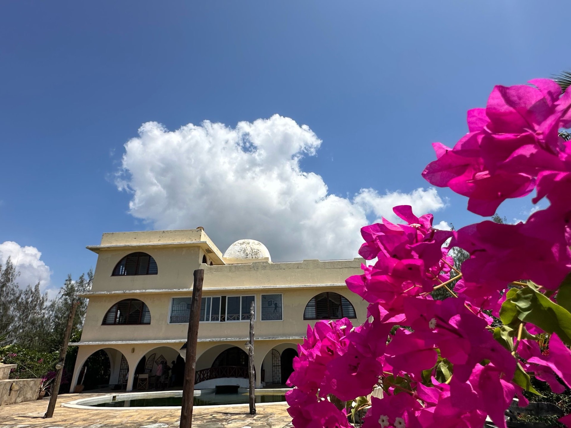 Beachfront villa exterior with bougainvillea