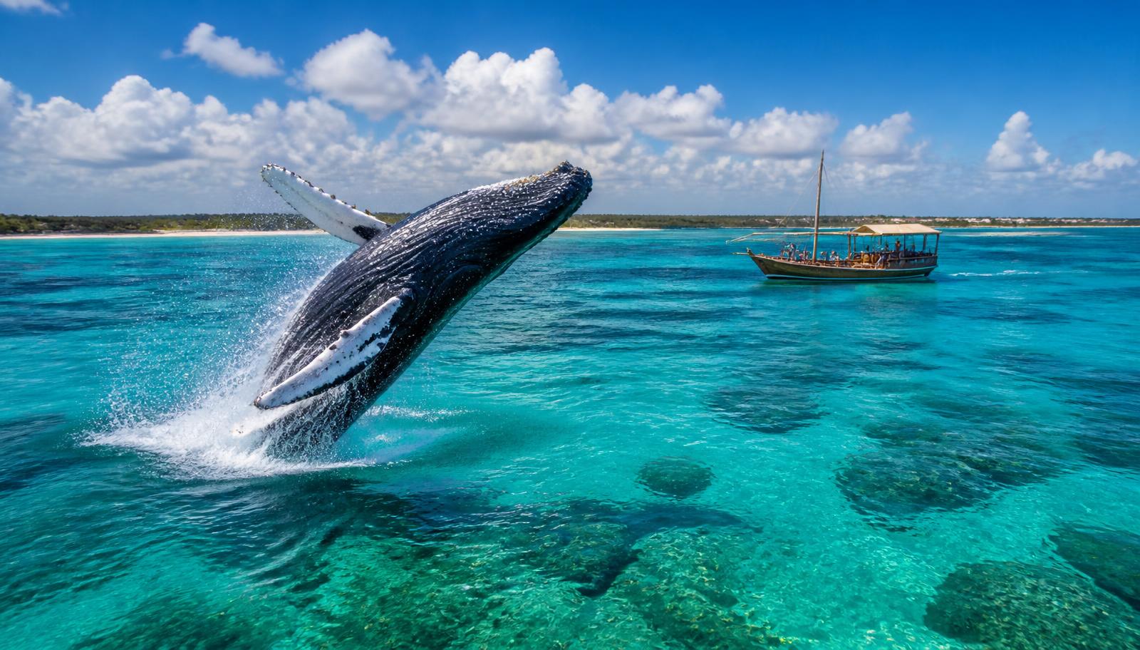 A humpback whale breaching near a traditional dhow boat in Watamu, Kenya